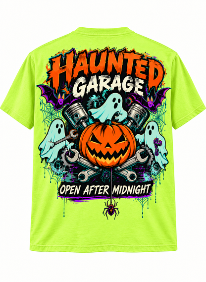 Haunted Garage Halloween Unisex T-Shirt – Mechanic Ghost & Pumpkin Tee