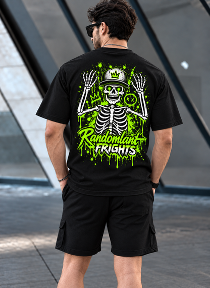 Randomland Frights Skeleton Graffiti Tee – Neon Green Halloween Streetwear Shirt