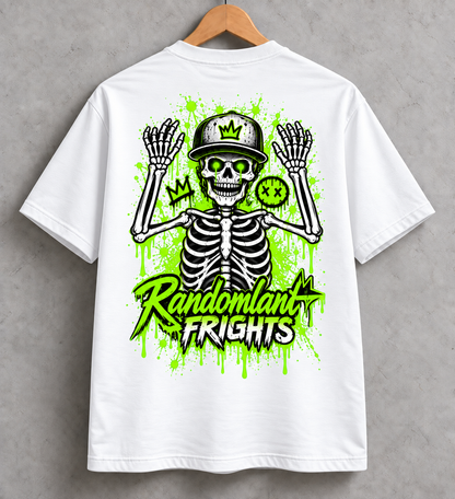 Randomland Frights Skeleton Graffiti Tee – Neon Green Halloween Streetwear Shirt